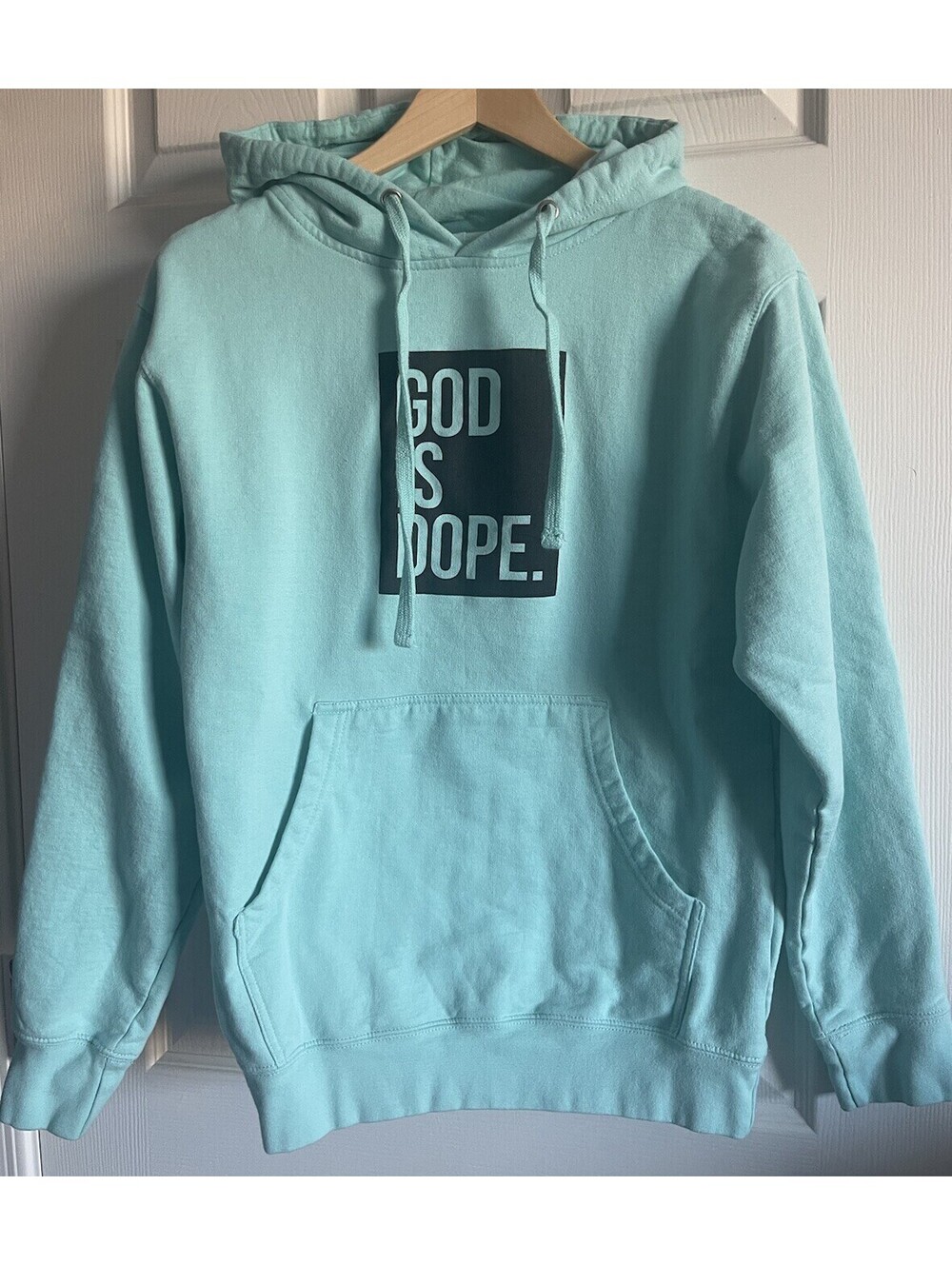GOD IS DOPE Hoodie Pullover Sweatshirt Mint Green Black Sz S Positivity